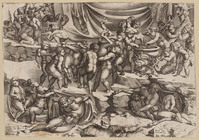 KG 00122
<br/>
Kinderen slepen een hert naar een kookpot
<br/>
<em>Vico, Enea (1523-1567)</em>